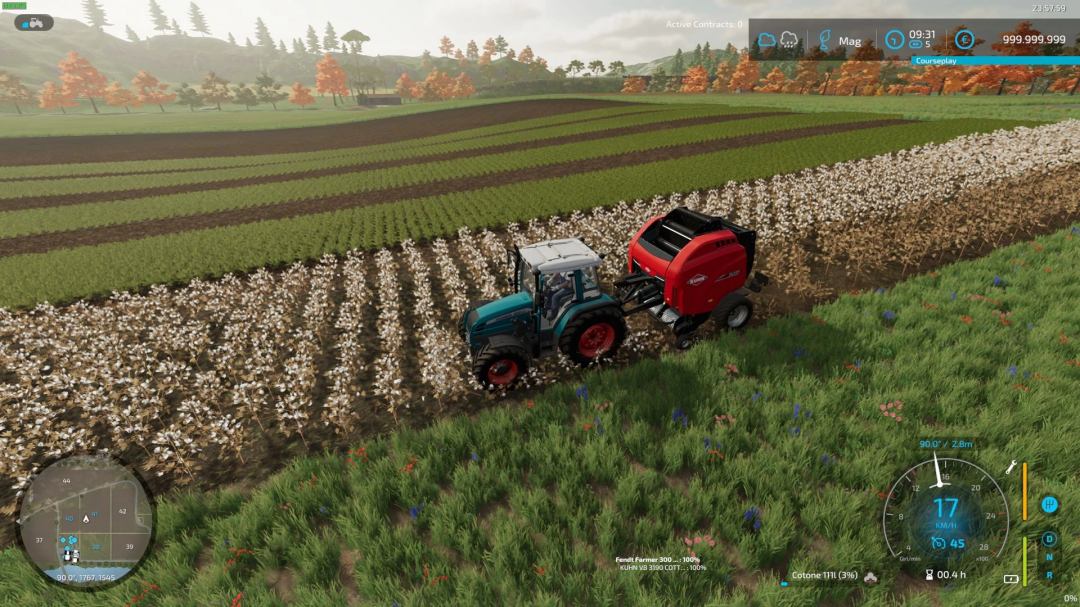 FS22 mod Cotton Production Pack v3.0.0.0 showing a tractor harvesting cotton in Farming Simulator 22.