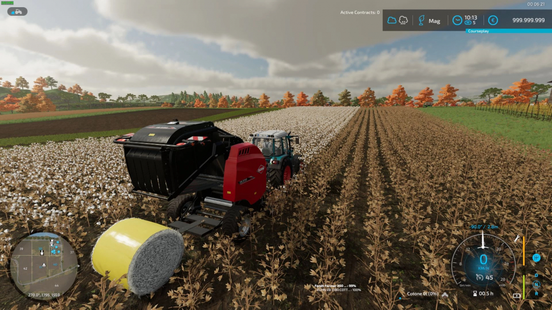 FS22 Cotton Production Pack v3.0.0.0 mod showing a tractor harvesting cotton in Farming Simulator 22.