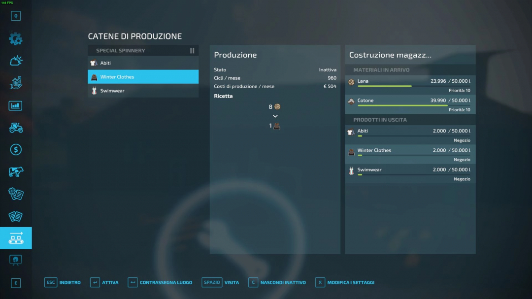 FS22 Cotton Production Pack v3.0.0.0 interface showing production status and resources.