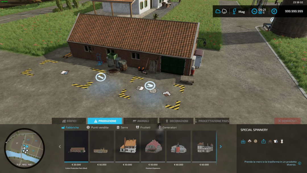 FS22 Cotton Production Pack v3.0.0.0 mod image shows a farm building interface with marked production zones.