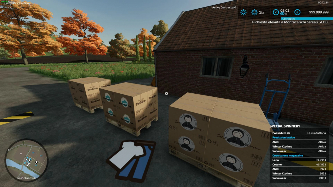 FS22 mod Cotton Production Pack v3.0.0.0 showcases boxes of cotton products near a brick building in Farming Simulator 22.