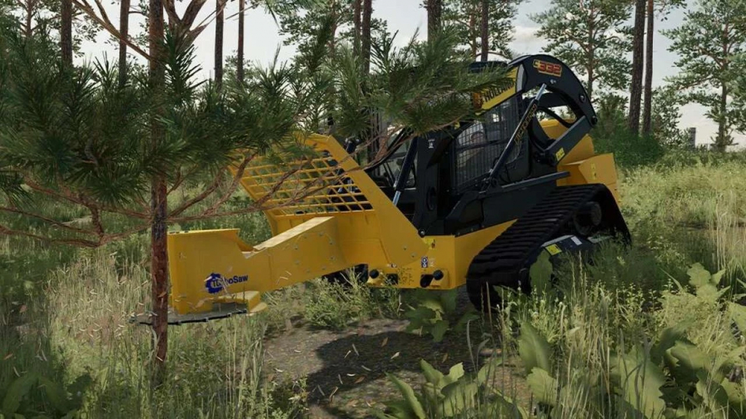 FS25 mod DFM TOOLS v1.0.0.0 showcasing a forestry machine in action, cutting trees in a wooded area.