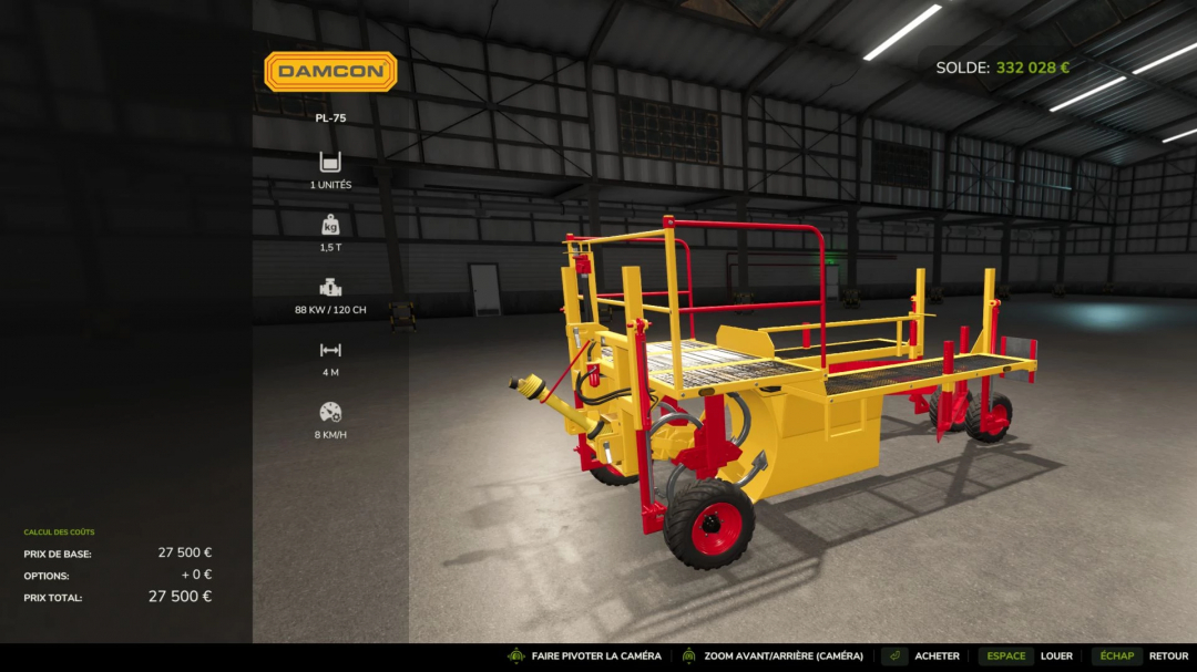 FS25 mods: Damcon PL-75 Edit v1.0.0.0 featuring yellow and red design in a warehouse setting.