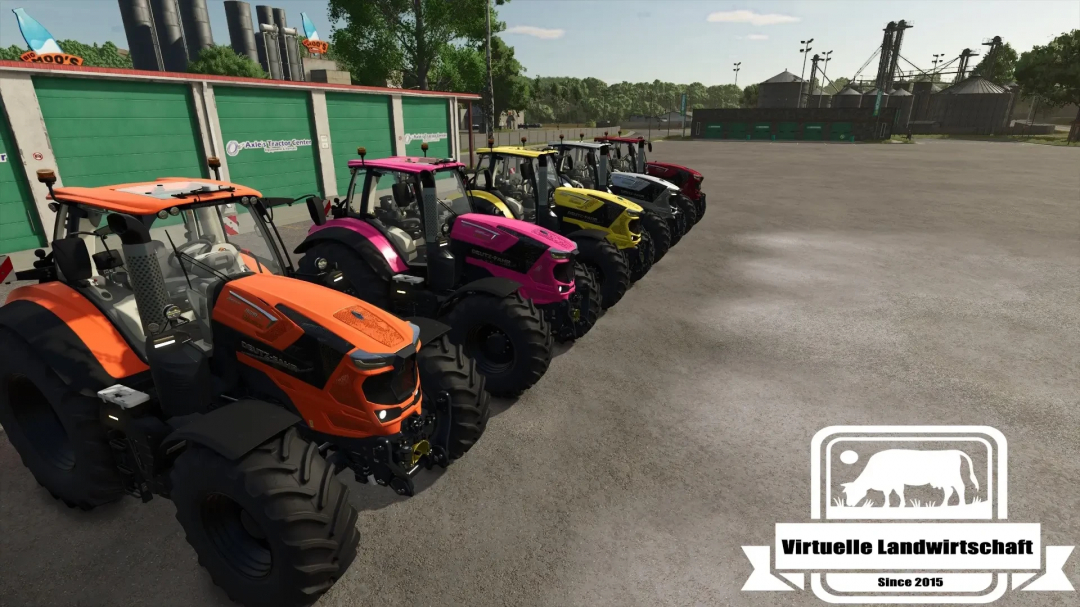 Colorful lineup of Deutz Series 8 tractors with front flasher mod in Farming Simulator 25.