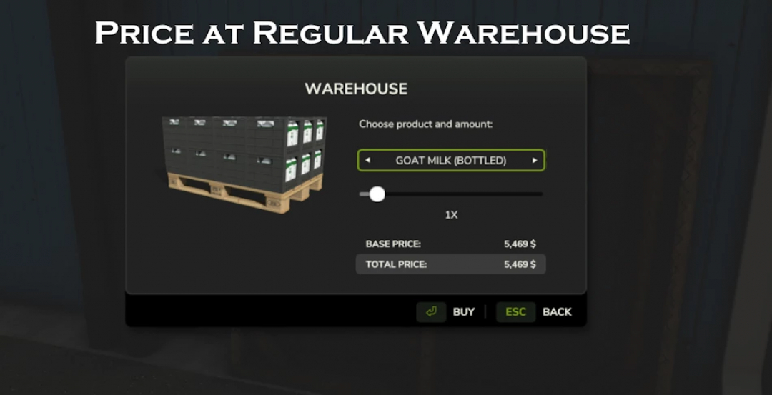 FS25 mod showing a warehouse price dialog for bottled goat milk at $5,469.