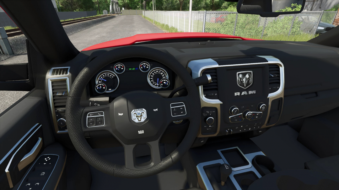 Interior view of Dodge Ram 5500 in FS25 mod showcasing dashboard and steering details.