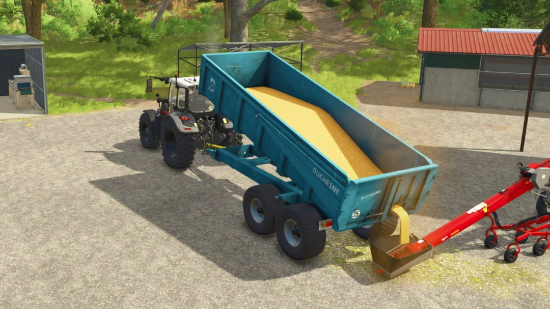 Duchesne 14T trailer in Farming Simulator 25 unloading grain.