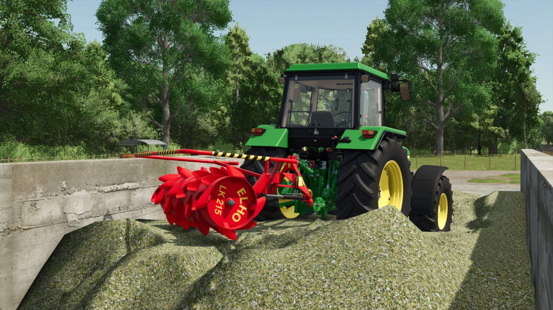 FS25 mod Elho LK 215 v1.0.0.0 attached to a tractor, operating on silage in Farming Simulator 25.