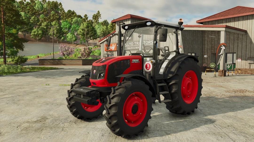 Erkunt tractor mod for FS25, featuring a detailed red and black design, parked in a farm setting.