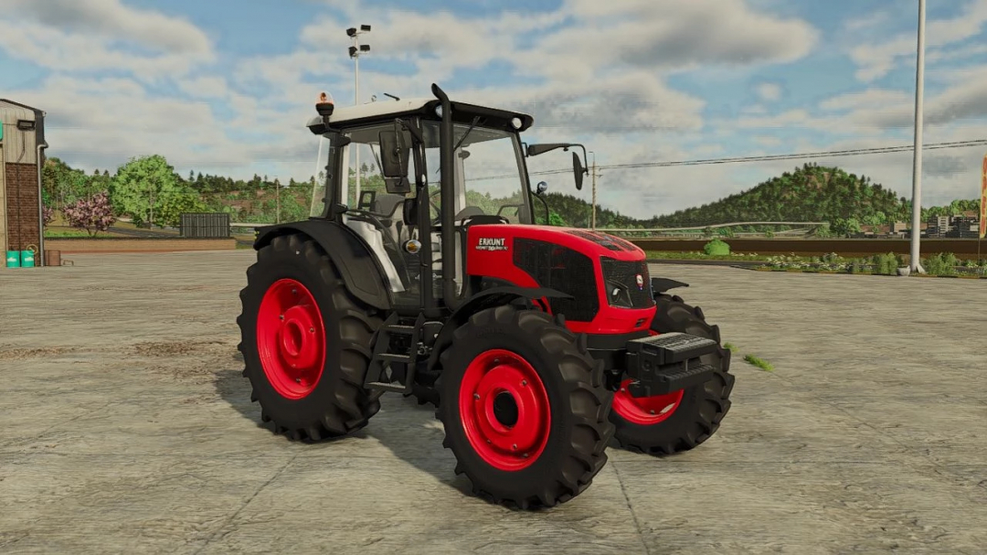 Erkunt Series tractor mod in FS25, showcasing a red and black design on a farm backdrop.