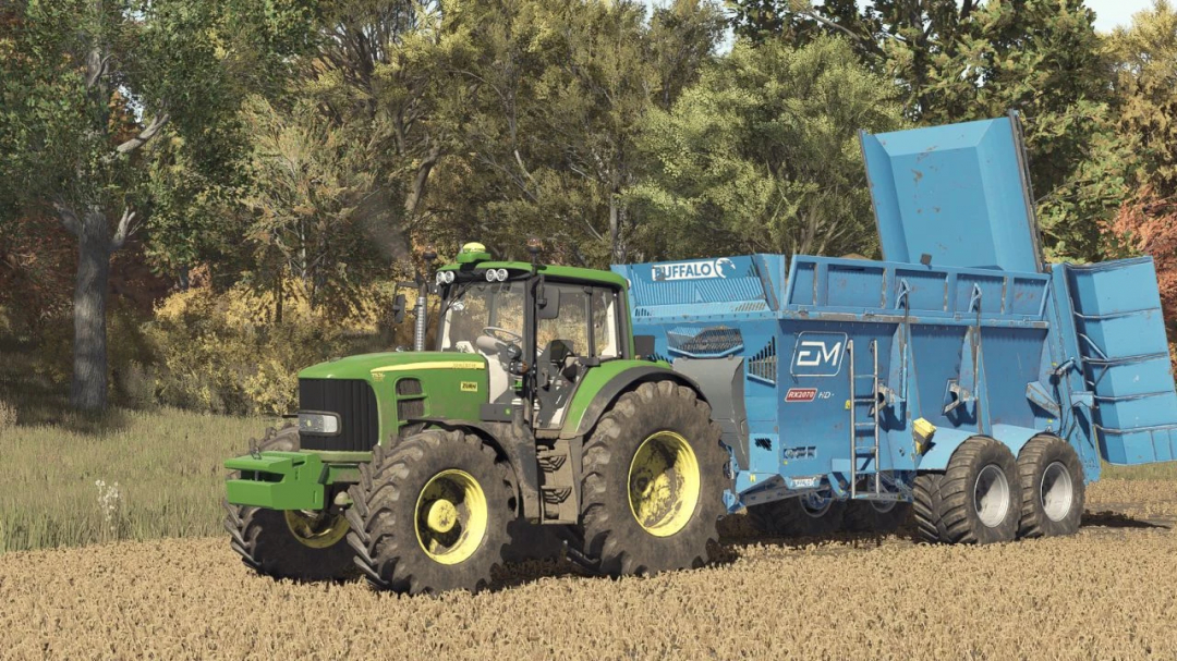 FS25 mod EuroMilk Buffalo RX 2070 HD+ trailer attached to a green tractor in a field.