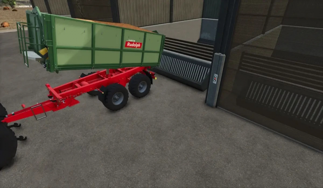 FS25 mod image of FBM25 Bulk Hall showing a green and red farming trailer near a storage building.