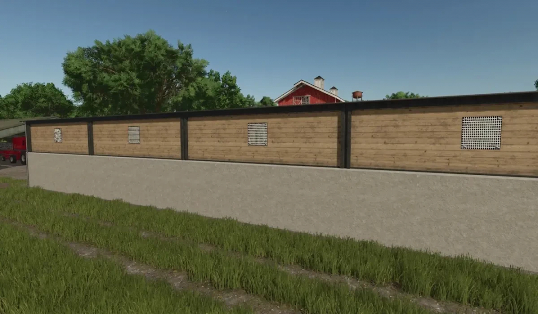 FS25 Bulk Hall mod in Farming Simulator 25, featuring a wooden wall structure with vents beside a grassy field.