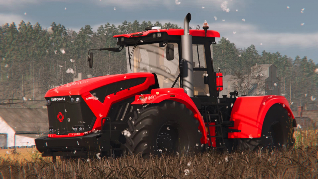 Red tractor with FS25 Vehicle Shader mod in a snowy field, showcasing Farming Simulator 25 graphics.