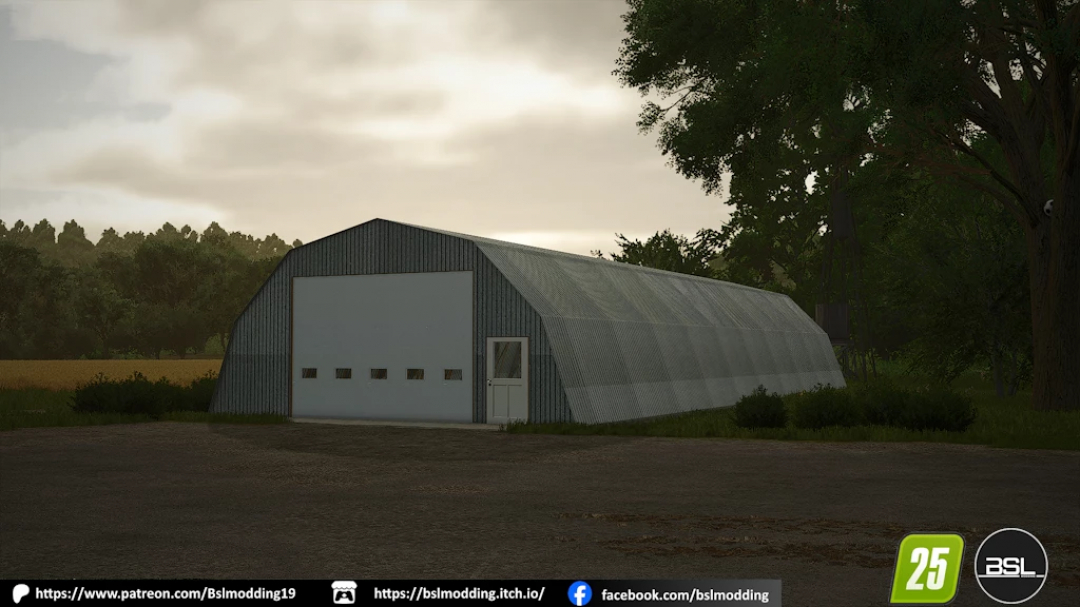 FS25 mod image shows a large 40x100 shed in Farming Simulator 25, surrounded by trees and fields.