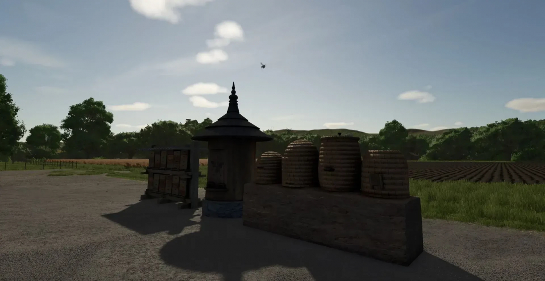 FS25 Beehives Pack v1.0.0.0 mod showcasing various beehives in a rural farm setting, enhancing Farming Simulator 25 gameplay.