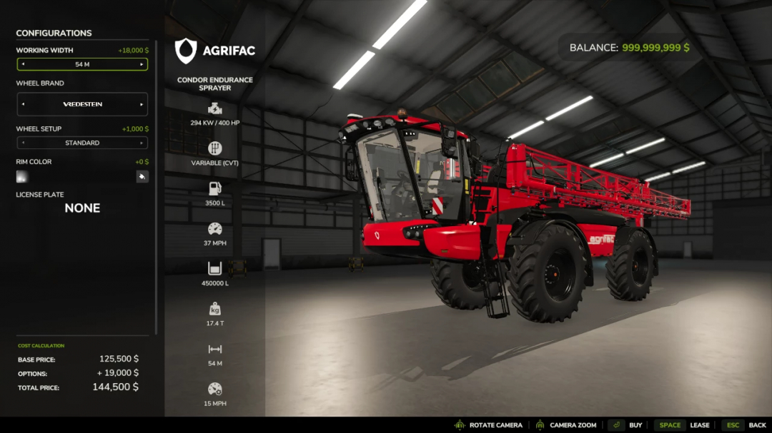 FS25 Condor Endurance Sprayer mod in garage, showing config options in Farming Simulator 25.