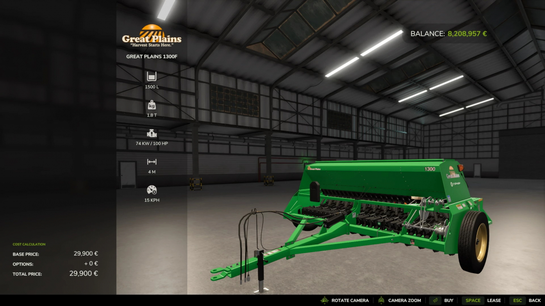 FS25 GREAT PLAINS 1300F mod showcased in Farming Simulator 25, featuring specifications and pricing in a virtual garage.