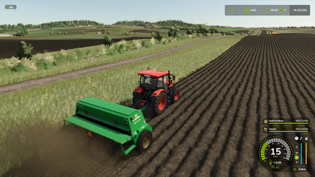 FS25 mod showcasing a tractor with the GREAT PLAINS 1300F, plowing a field in Farming Simulator 25.