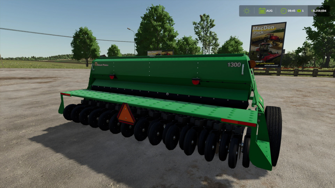 FS25 GREAT PLAINS 1300F seeder mod in Farming Simulator 25, set in a rural landscape. Keywords: FS25 mods, Farming Simulator 25 mods.