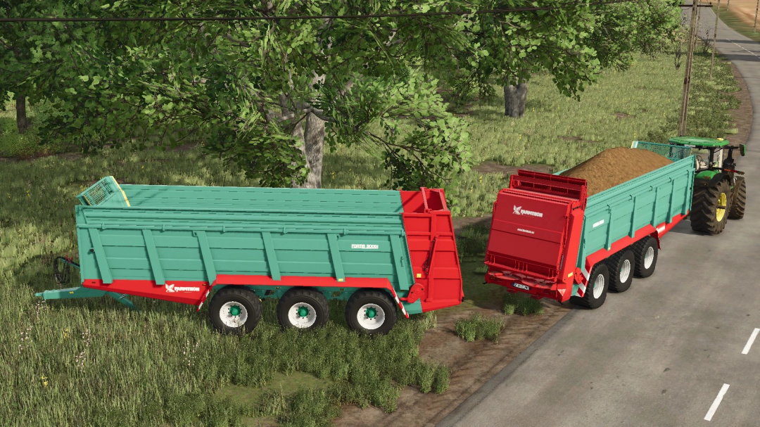 FS25 mod Farmtech Fortis 3000 trailer loaded with grain and attached to a tractor on a road in Farming Simulator 25.