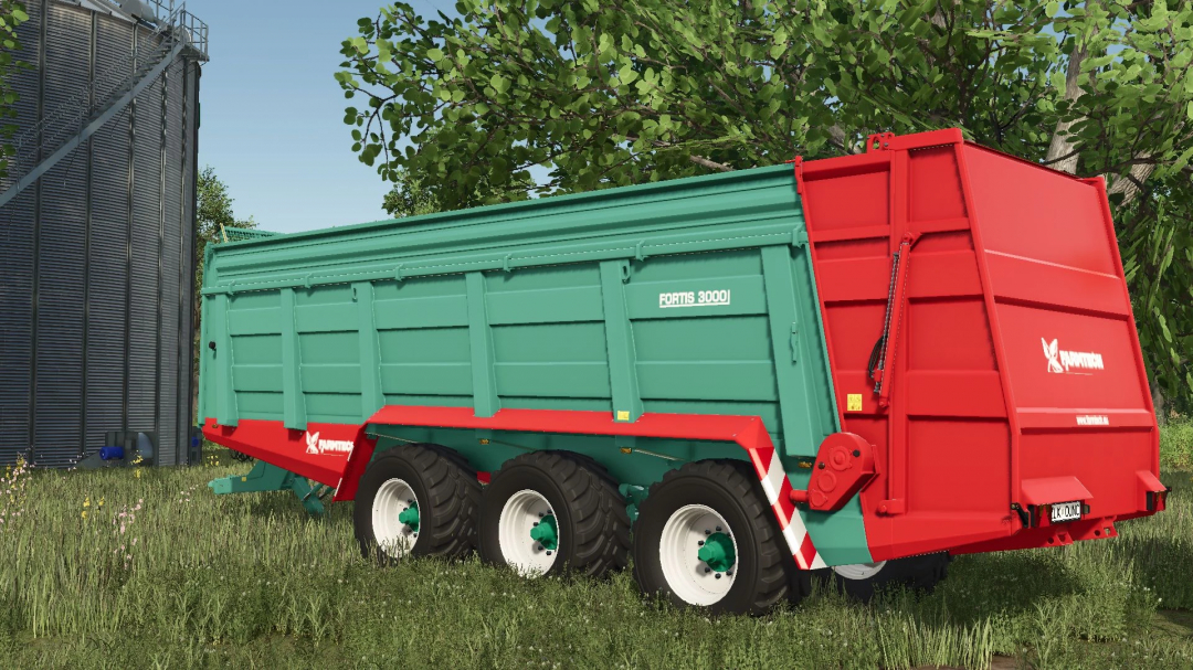 Farmtech Fortis 3000 trailer in FS25 mod, showcasing its red and green design in a farm setting.