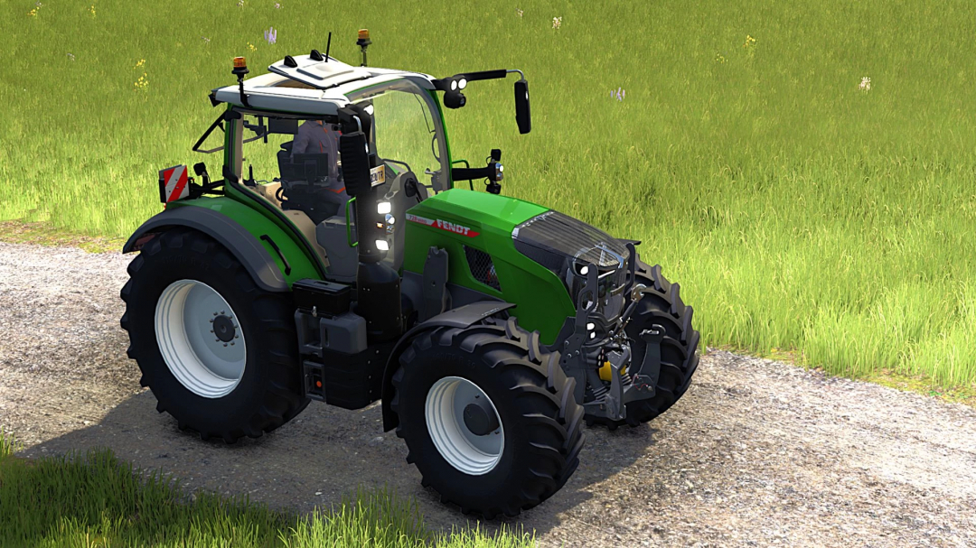 Fendt 700 tractor mod in FS25 on a dirt road with green fields.