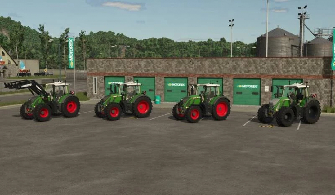 Four Fendt 700 Vario Gen 6 tractors parked in front of a building in Farming Simulator 25 mod.