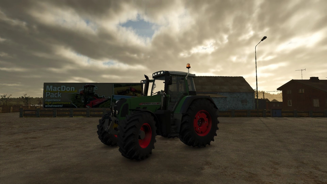 Fendt Vario TMS tractor mod in Farming Simulator 25, showcased in a rural setting with a cloudy sky in the background.