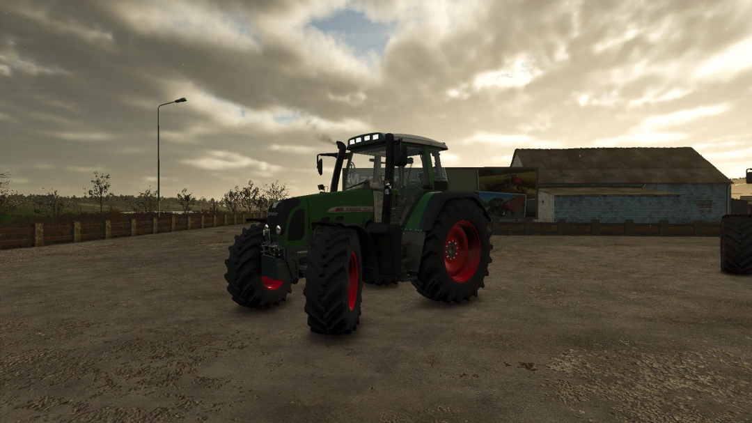 Fendt Vario TMS tractor mod in Farming Simulator 25, parked on a farm with a cloudy sky backdrop.