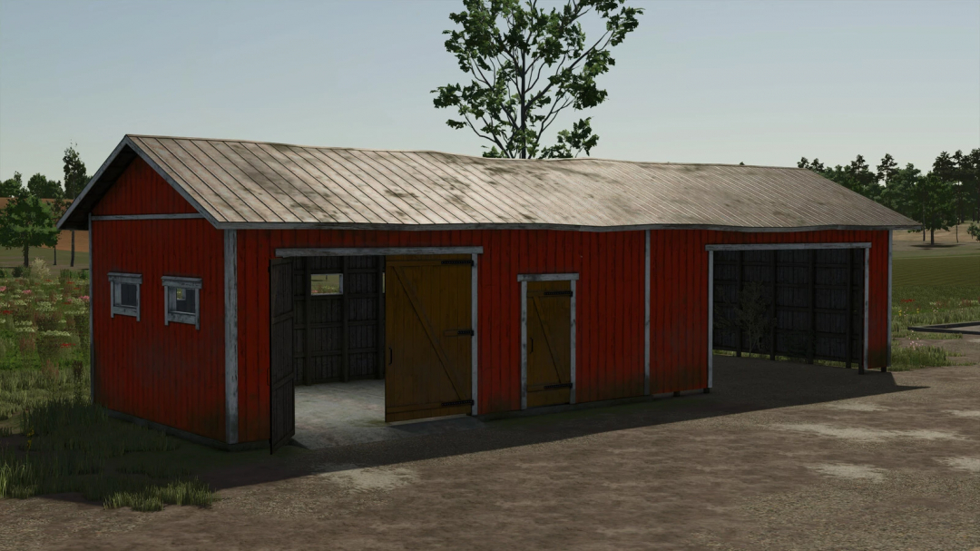 Finnish Machinery Shed mod in FS25 with a red wooden structure and open doors on a grassy landscape.