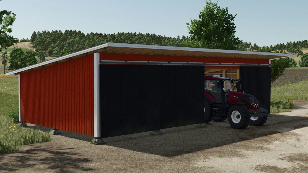 Finnish Machinery Shed in FS25 mod with tractor parked inside, showcasing farming equipment storage in Farming Simulator 25.