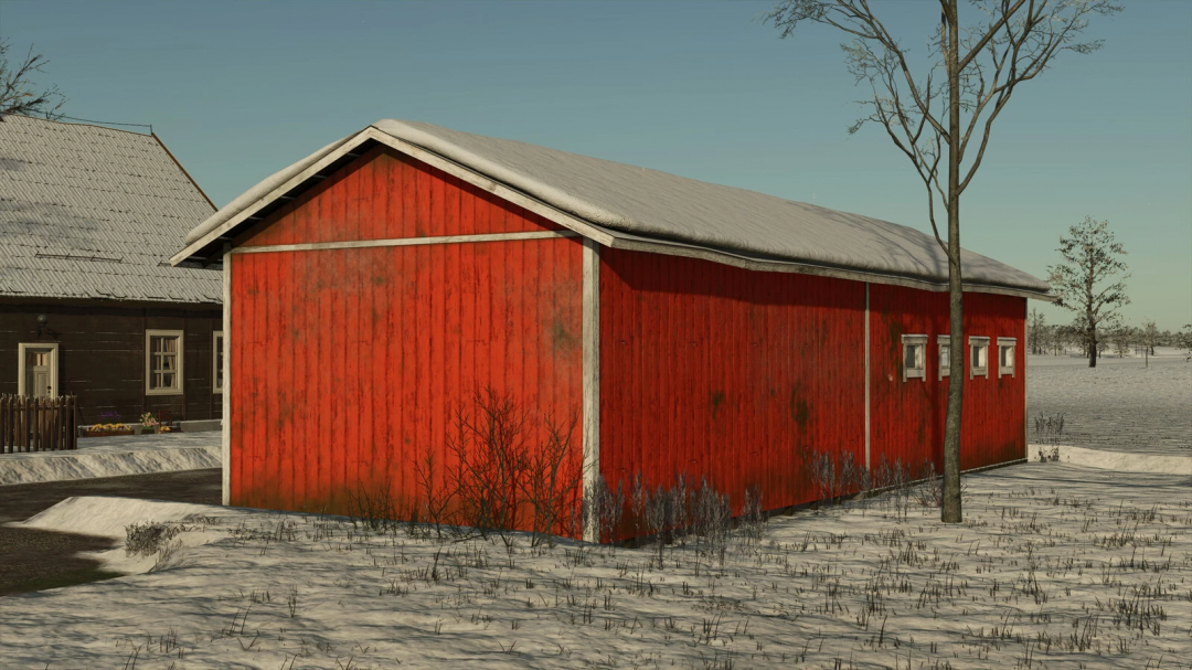 Red Finnish machinery shed in snow, FS25 mod for Farming Simulator 25.