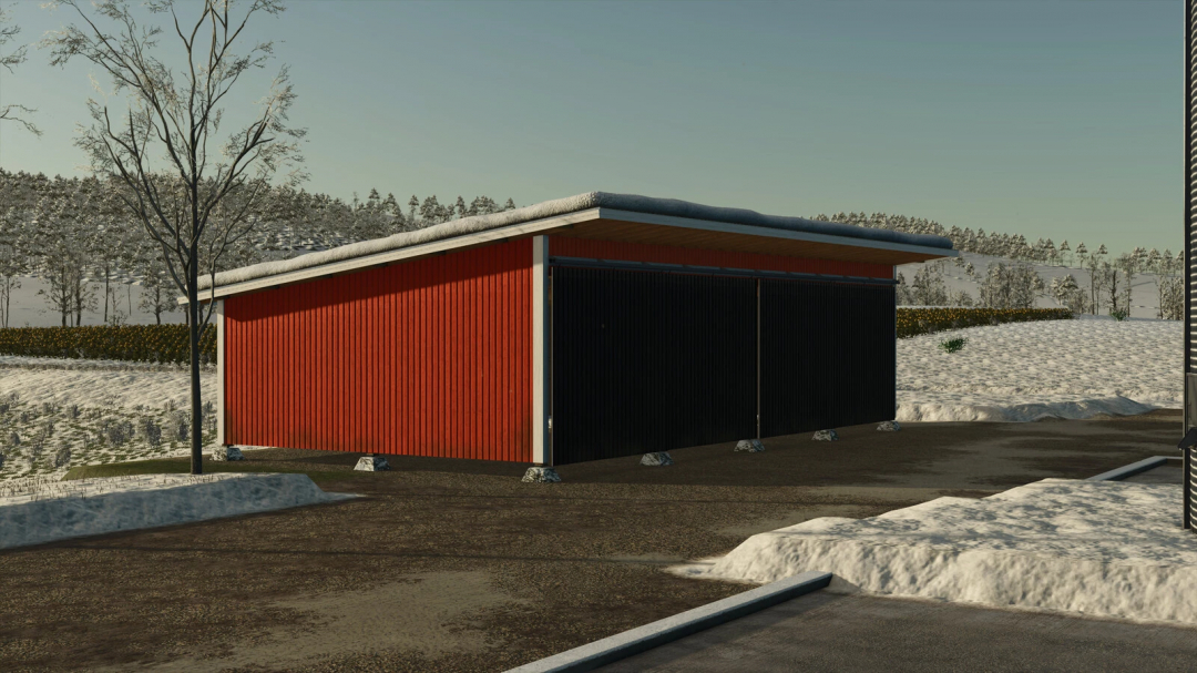 Finnish Machinery Sheds mod in FS25 depicts a red building with a snowy roof in a winter landscape.