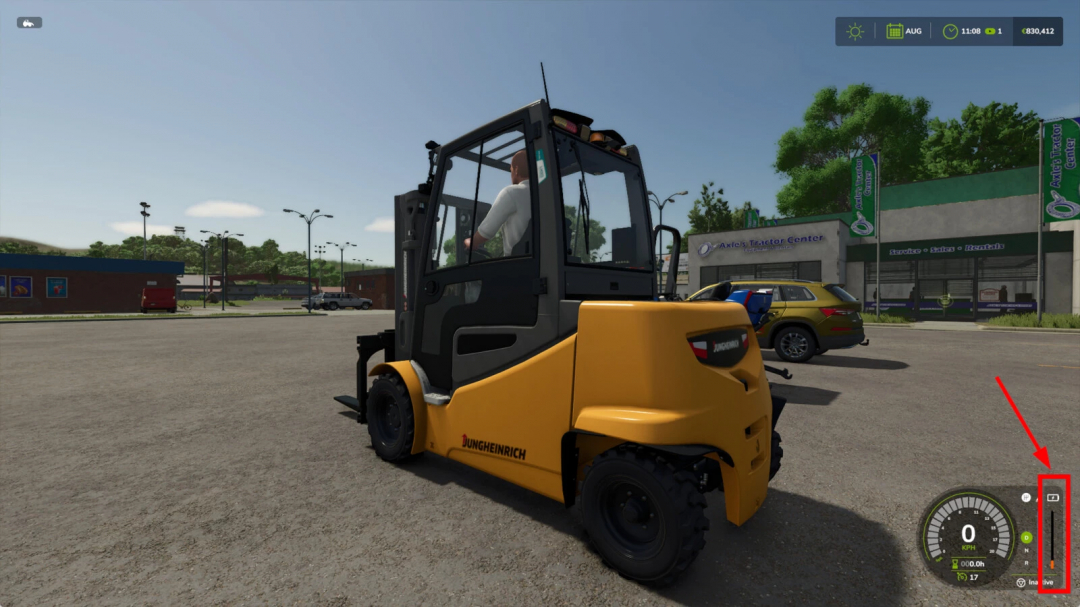 FS25 mod Fuel Level Warning v1.0.0.0 showing a forklift with a highlighted fuel gauge display.