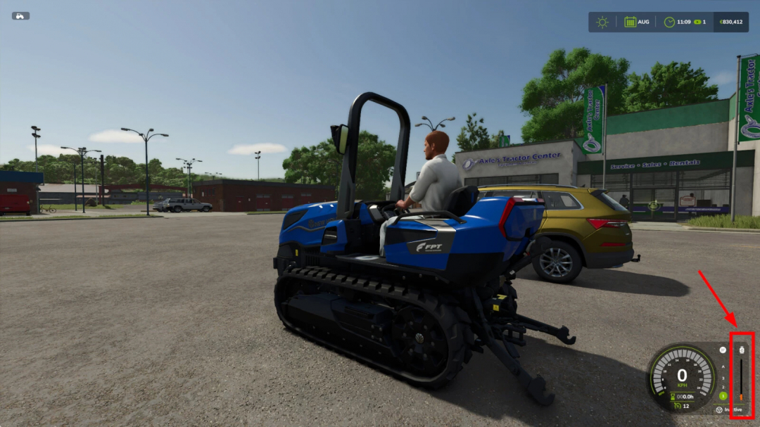 FS25 mod Fuel Level Warning v1.0.0.0 displays fuel gauge while driving a tractor in Farming Simulator 25.