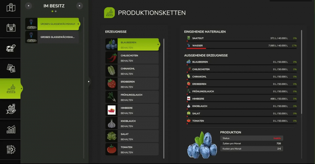 FS25 mods greenhouse interface showing production of blueberries, chili, chinese cabbage, strawberries, and more.