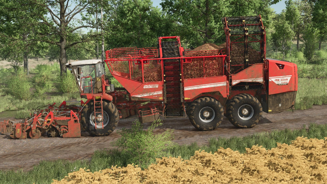 Grimme Rexor 6300 mod in FS25, red harvester on field with lush green trees.