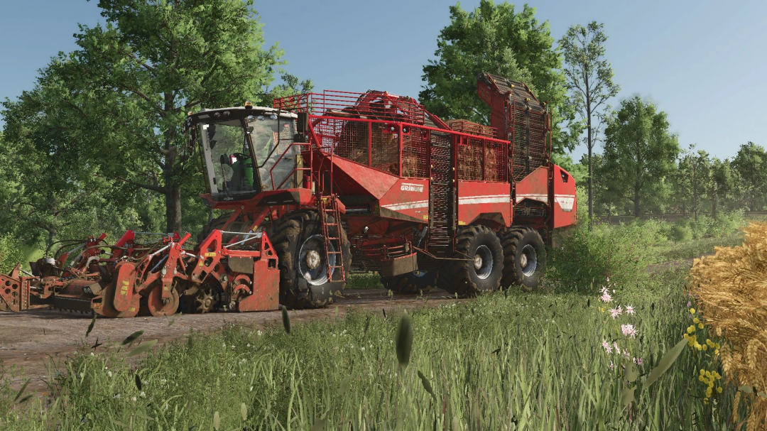 Grimme Rexor 6300 mod in FS25, harvesting in a lush green field.