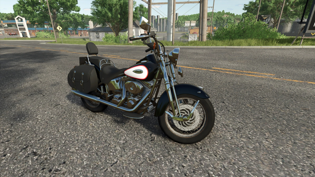 Harley-Davidson Heritage Springer mod in FS25, showcasing detailed motorcycle on a rural road.