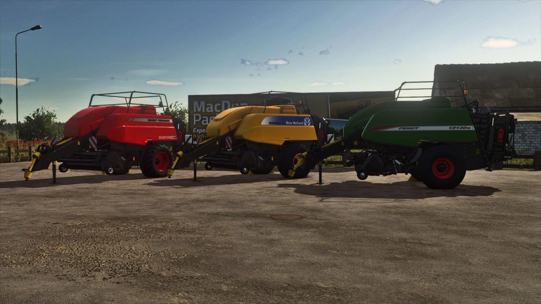 Three Hesston Balers in different colors in Farming Simulator 25 mod. Enhances baling equipment options.