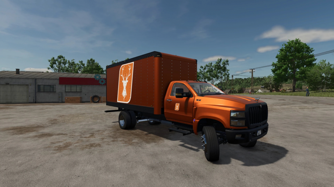 FS25 mod: Hirschfeld International CV-Series truck V1.0.0.8 in orange, parked outdoors.