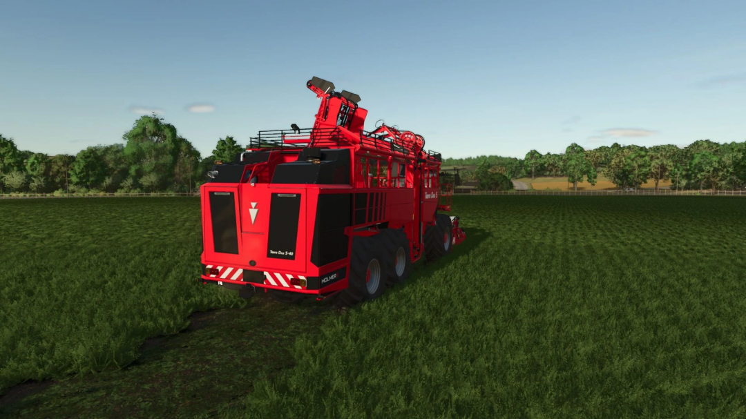 Holmer Terra Dos Multifruit Pack v1.0.0.0 mod for Farming Simulator 25 featuring a red harvester in a green field.