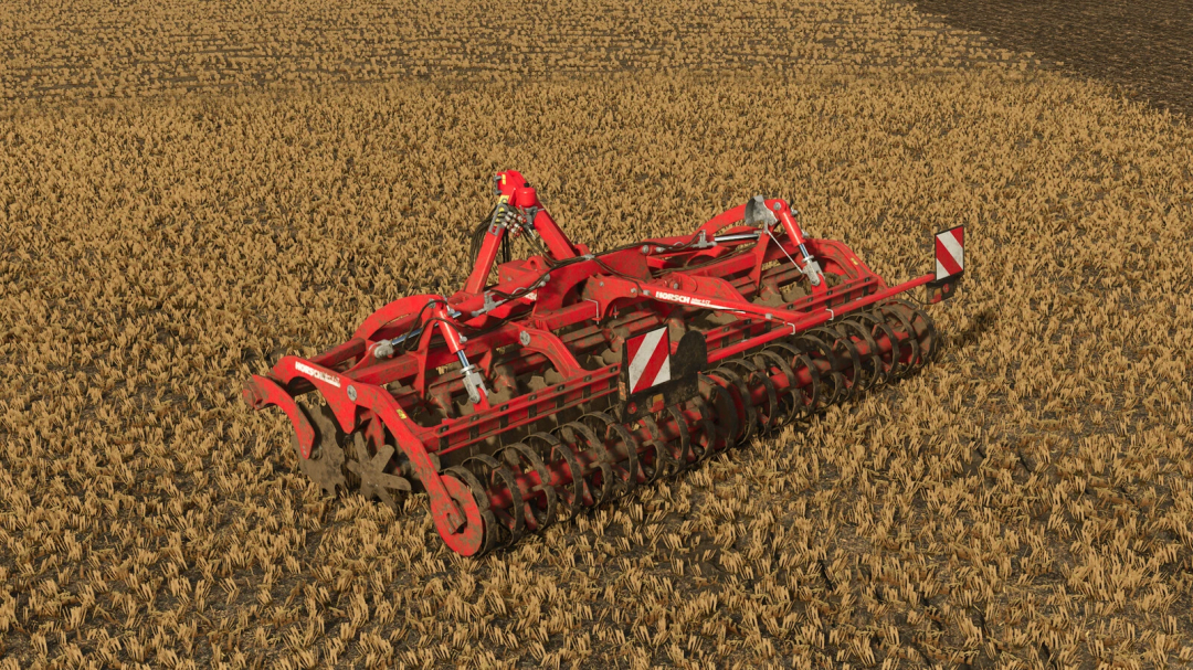 Horsch Joker 4CT mod in FS25, showcasing red disc harrow on harvested field.