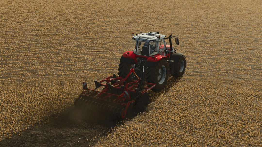 FS25 mod Horsch Terrano 3FX in action, cultivating a field with a red tractor in Farming Simulator 25.