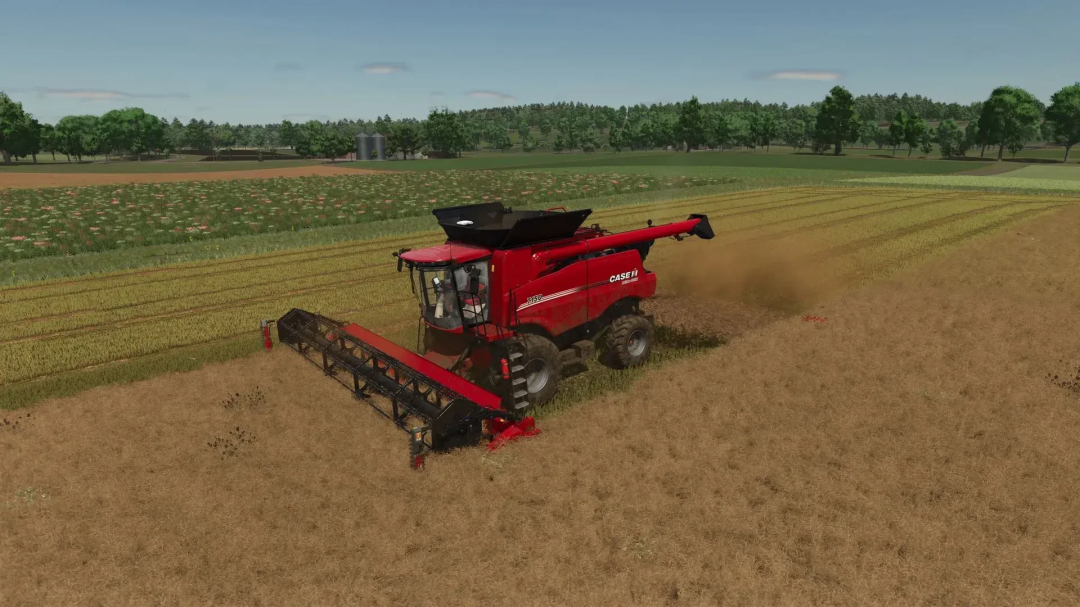 FS25 mod Improved Raps Texture v1.0.0.0 featuring a red harvester in a field, enhancing crop visuals.