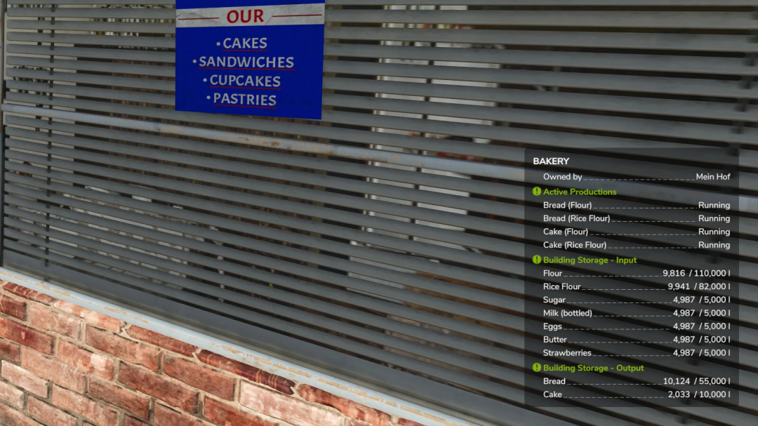 FS25 mod Info Display Extension v1.0.1.0 showing bakery production data, including active productions and storage input/output.