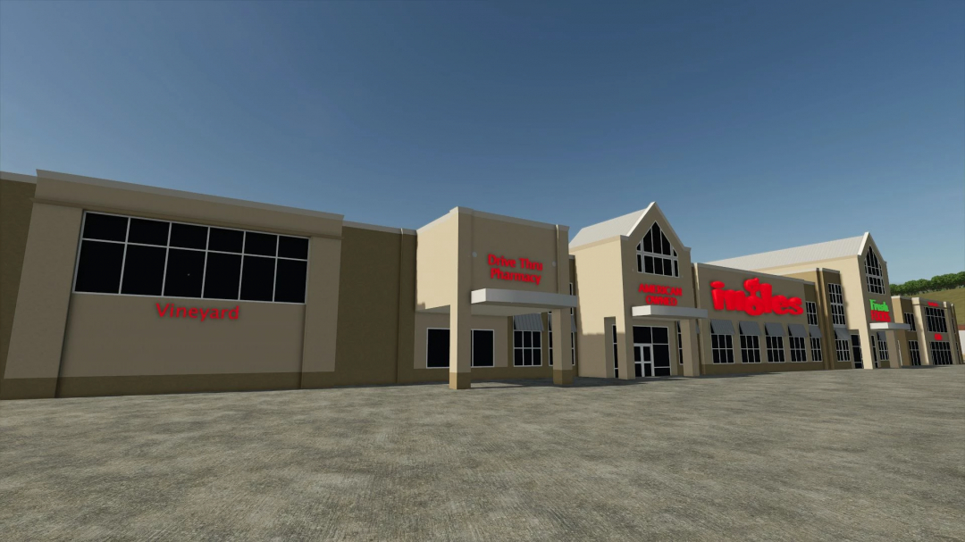 FS25 mod Ingles v1.0.0.0 features a large supermarket building.