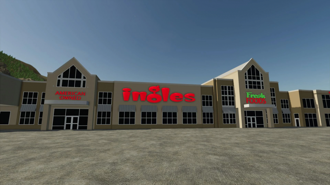 FS25 mod Ingles supermarket exterior with American Owned and Fresh Foods signage, Farming Simulator 25 mods.