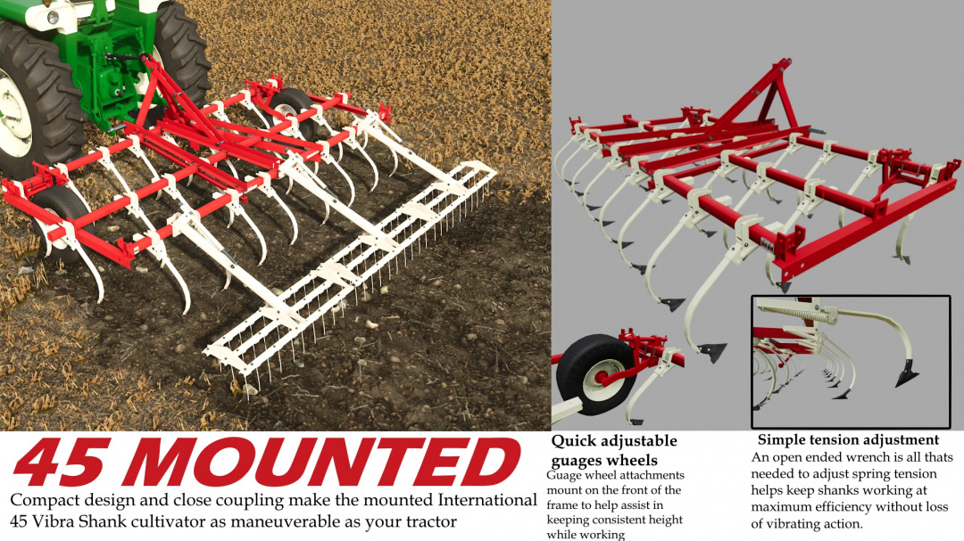 International 45 VibraShank v1.0.0.0 mod in FS25, showcasing a mounted cultivator with adjustable features for efficient farm use.